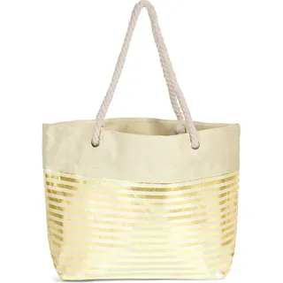 Stylebreaker Strandtasche mit Metallic Streifen und Reißverschluss, Schultertasche, Shopper 02012281, Farbe:Beige-Gold