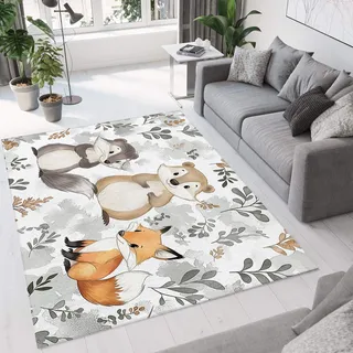 CEDNXOER Grau Teppich, 120x180cm Waschbare Große Wohnzimmer, Cartoon Wald Tiere Teppiche für Schlafzimmer, Biber Dachs Fuchs rutschfeste Low Pile Raumteppich für Küche Eingang Bad Kinderzimmer