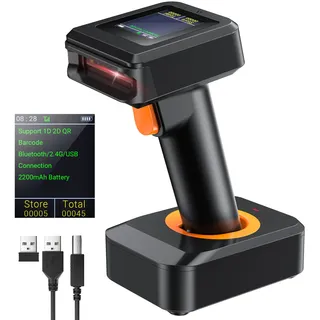 Tera 2D HW006 Barcode-Scanner, kabellos, QR-Code-Scanner mit Bluetooth, Zeitanzeige, Bildschirm, Batteriestandsanzeige Ladestation, Patentnummer 90078251950003