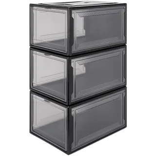 Yorbay Schuhbox, 3er Set, stapelbarer Schuhorganizer, Kunststoffbox mit durchsichtiger Tür, Mehrweg Schuhaufbewahrung, für Schuhe bis Größe 48, Schwarz