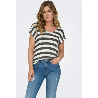 V-Shirt ONLY "ONLLIRA LIFE S/S V-NECK TOP JRS NOOS", Damen, Gr. XS, schwarz-weiß (schwarz stripes:cloud dancer), Jersey, Obermaterial: 95% Viskose, 5% Elasthan, gestreift, regular fit normal, V-Ausschnitt, Shirts V-Shirt, Topseller