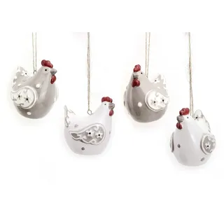 TEMPELWELT 4 x Deko Anhänger Huhn Hühnchen Henne im Set je 6 cm, Keramik grau weiß rot zum Hängen, Zweigschmuck Dekohänger Hänger Frühling Ostern Osterdeko