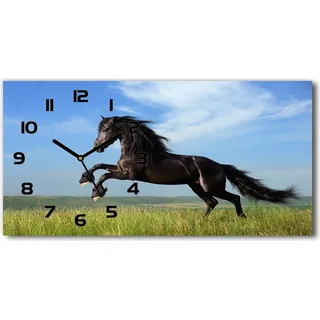 Wanduhr aus Glas – 60x30 cm - Glasbild - Glasuhr - Gehärtetes Glas - schwarze-zeiger - Schwarzes Pferd auf der Wiese