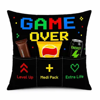 KAMACA Gamerkissen Dekokissen mit weicher Füllung 43 × 43 cm mit 3 befüllbaren Taschen für Snacks – Lustige Geschenkidee zu Ostern für Gamer, Zocker, Kollegen (Game Over A)