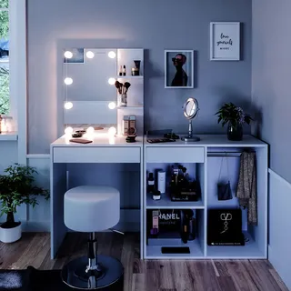 Vicco Isabelle Weiß 140 cm mit Led, Hocker und Schrank, Model 34451