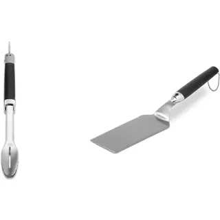 Weber 6760 Precision Grill Tongs Premium Grillzange, Schwarz/Silber & 6206 Grillwender 39 cm, für Fisch, Gemüse oder Pancakes, Edelstahl mit Silikongriff
