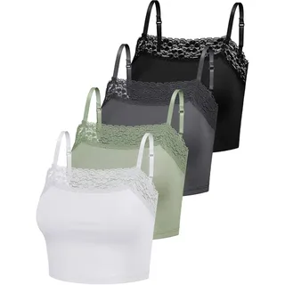 Bencailor 4 Stück Damen Camisole Crop Tops mit Spitzenbesatz Spitzen Cami Tops für Mädchen(Schwarz, Dunkelgrau, Grün, Weiß, XL)