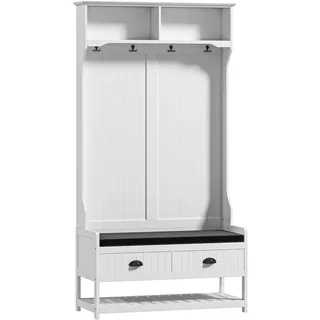 Homcom 2-In-1 Garderobenständer, Kleiderständer mit 4 Haken, Garderobe mit Schuhbank , Weiß , Textil , Nachbildung , 3 Fächer , Füllung: Schaumstoff , 42x172x89 cm , Garderobe, Garderoben-Sets & Garderoben-Serien, Garderoben-Sets