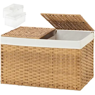 Swociro Aufbewahrungskorb mit 2 separaten Deckeln, 65-Liter-Weidenkorb mit 2 herausnehmbaren Einsätzen, faltbare Aufbewahrungsbox aus Rattan mit Griffen, für Schlafzimmer, Waschküche, Natur