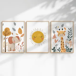 Generisch 3er Dschungel Poster-Set fürs Babyzimmer A4 A3 - Bilder Safaritiere: Elefant Faultier, Nilpferd, Giraffe, Löwe, Zebra, Panda fürs Kinderzimmer (Safari Sonne 1, DIN A3, Ungerahmt)