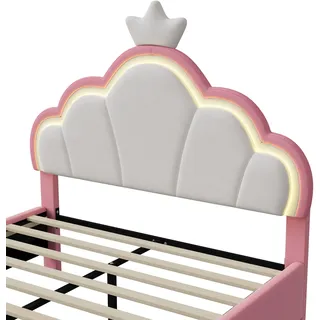 Gepolstertes Kinderbett 140 x 200 cm mit LED-Beleuchtung und verstellbarem Kopfteil, Kronendesign, Rosa, Samt