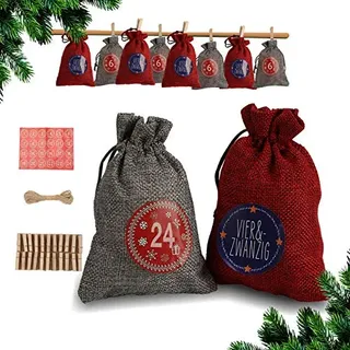 karpal 24 Adventskalender zum Befuellen Stoffbeutel Weihnachten Geschenksaeckchen mit Aufkleber Mini-Holzklammern Hanfseile Weihnachtskalender tueten Geschenkbeutel 14 x 10 cm£Rot/Grau£© - Rot, Grau