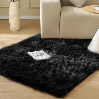 ORINOVA Fellteppich Kunstfell Teppich Schwarz 90x150 cm Flauschiger Kuschel Teppich Weich Bettvorleger Schlafzimmer Wohnzimmer Waschbar
