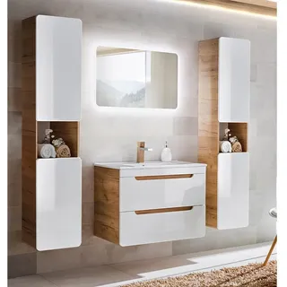 Badmöbel Set mit 81 cm Keramik-Waschbecken LUTON-56 Hochglanz weiß mit Wotan Eiche Nb., B/H/T ca. 180/200/46 cm - Weiß