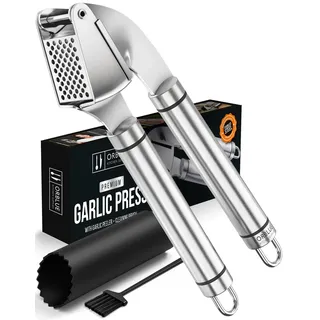 ORBLUE Knoblauchpresse Edelstahl – Premium Knoblauchpresse & Knoblauchreibe aus Edelstahl – Garlic Press mit Silikon-Schäler & Bürste, Robust & Spülmaschinenfest