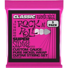 Ernie Ball Super Slinky klassische Rock‘n‘Roll-E-Gitarrensaiten, reine Nickelwicklung, 3er-Pack, Stärke 9–42