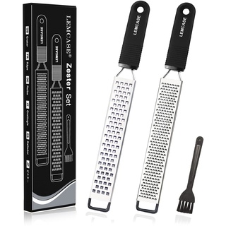 LEMCASE Zester, Hobel Reibe - Käsereibe, Parmesanreibe, Zitronenreibe - Küchenreibe aus Edelstahl mit Schutzabdeckung und Silikon Griff | Schwarz (2 Stück Set)