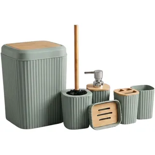 G.mütlich Badaccessoires Set 6-teilig, Badezimmer Badset Deko Holz, Grün | Inkl. Kosmetik-Mülleimer, WC-Bürste, Zahnputzbecher, Becher, Seifenspender & Seifenschale