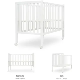 Interbaby Babybett 120x60 cm mit Beistellfunktion | Kinderbett & Gitterbett aus Holz, Höhenverstellbar, Mitwachsend | Umbaubar zu Schreibtisch & Sofa | Babybett Weiß mit Rollen (Basic)