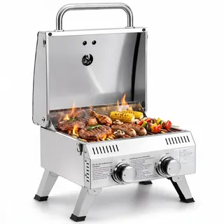 ROVSUN 4,4 kw Gasgrill mit 2 Brenner Gasgrill Camping mit Deckel & Thermometer 61x43x40 cm, Tischgrill für Hinterhof, Terrasse, Camping, Strand & Picknick