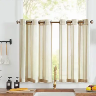 Vangao Voile Scheibengardinen Modern Küche mit Ösen Streifen Transparent Beige Bistrogadine 2er Set 90Bx115Hcm Vorhang kurz Landhaus Kurzstores Küchengardinen Wohnwagen Wohnmobil Fenstergardinen