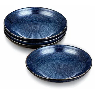 vicrays Keramik-Nudelschalen-Set, 973 ml, große gewellte Salatschüsseln, breit und flach, splitterfest, spülmaschinenfest, mikrowellengeeignet, Servierschalen, 4er-Set (blau)