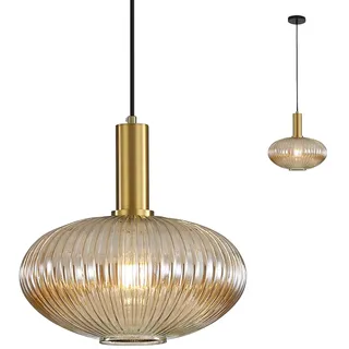 HJXDtech Moderne Vintage Glas Lampenschirm Hängeleuchten & Pendelleuchten, E27 Gold Lampenfassung, Hängelampe einflammig für Küche, Esstisch, Schlafzimmer und Wohnzimmer (Bernstein, 30cm)