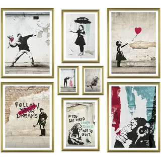 ARTFAVES® Poster Set - BANKSY STREET ART - mehrteilige Wanddeko Wohnzimmer - 8 moderne Wandbilder Collage, Girl Balloon, Flower Thrower, Umbrella - mit Rahmen Gold