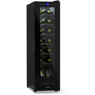 Klarstein Shiraz Weinkühlschrank Schwarz – 14 Flaschen, 1 Zone Getränkekühlschrank mit Glastür, freistehend, leise, 5–18 °C, LED, Edelstahlrahmen, schmal