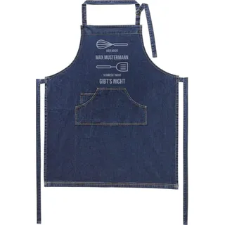 Jeans-Schürze mit Namen - Motiv hier kocht - lustig - viele Motive - Kochschürze - Grillschürze - personalisiert - dunkelblau - Größe 75x90 cm - persönliches Geschenk - mit Wunschname - mit Wunschmoti