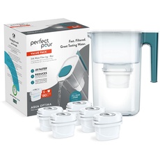 Aqua Optima Perfect Pour Wasserfilterkanne & 6 x 30 Tage Evolve+ Wasserfilterkartusche, 3,6 Liter Fassungsvermögen, zur Reduzierung von Mikroplastik, Chlor, Kalk und Verunreinigungen, Blau