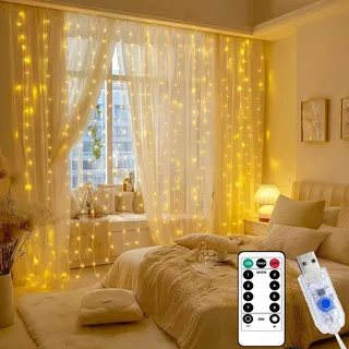 Afaiup Lichtervorhang Innen 2x2m, Lichterkette Vorhang mit Timer warmweiß | USB 8 Modi dimmbar mit Fernbedienung Fenster Lichterkette Hängend für Wand, Schlafzimmer Deko, Weihnachten, Ramadan, Hochzeit