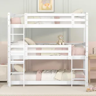 Merax Etagenbett 90x200 cm Hochbett mit 2 Leiter und 2 Set Lattenrost, Dreifaches Etagenbett Kinderbett Kiefernholzbett, Weiß - Weiß
