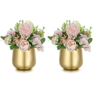 NUPTIO Kleine Vase Gold für Tischdeko: 2 Stück 10cm Blumenvase Tischdekoration Vintage für Hochzeit Tafelaufsatz Geburtstag Party Dekorationen Metall Blumentopf Pflanzentopf Wohnzimmer Balkon
