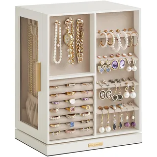 SONGMICS GISELLA Kollektion - Schmuckkästchen 360° drehbar, Schmuckkasten 5 Schubladen, seitliche Glasfenster, vertikale Schmuckaufbewahrung, offenes Design, Geschenkidee, wolkenweiß JBC170W01S