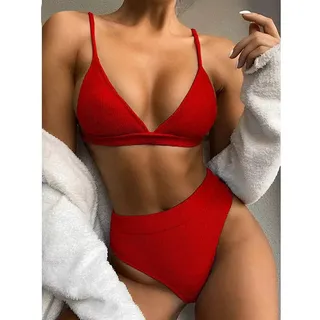 XUNHOU Damen Badeanzug Bademode Strandmode,Modischer einfarbiger Triangel-Bikini,Damen geteilt Gerippter Badeanzug-Rot_M,Figurformend Push up Sportlich Beachwear