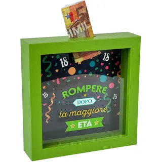 Dekorative Spardose 18 Jahre, grüner Rahmen 16 x 16 cm, festliches Design mit Schlitz für Banknoten