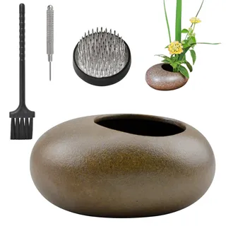 WANDIC Blumenarrangement Zubehör, Ikebana Schale Japanisch Vase, Runder Blumenfrosch und Keramik Blumentopf, Braune Kieselblume, für Ikebana Blumenkunst, Heimbüro Dekoration