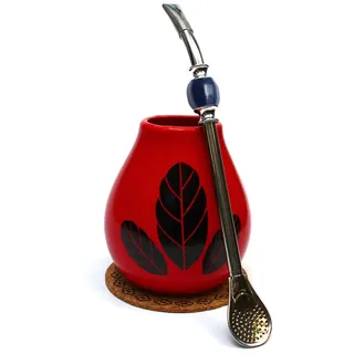 Mate Tee Tasse ● Mate Becher Hoja Rot ● Keramik Becher und Bombilla ● Stahl Bombilla ● Trinkhalm ● Keramik Kalebassen mate-tee tasse