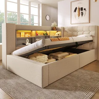 okwish  L-förmiges Schlafsofa 90x200 Einzelbett mit LED-Beleuchtung und offenen Staufächern an der Rückwand,Jugendbett Daybett mit Bettkasten,Beige(mit Matratze) - Beige
