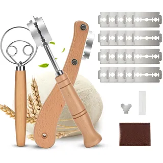 mobumeia Bäckermesser 3er Set, Dänischer Schneebesen Teigmesser mit 20 Ersatzklingen für Gerade und Geschwungene Schnitte zum Brotbacken, Brotmesser zum Einschneiden von Baguette, Brötch, Backen