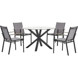 BELIANI Gartenmöbel Set 5-teilig Schwarz u. Transparent Aluminium Tisch  120 cm Rund Glasplatte mit 4 Stühlen Bespannt Stapelbar Terrasse Außenbereich - Schwarz, Transparent, Braun
