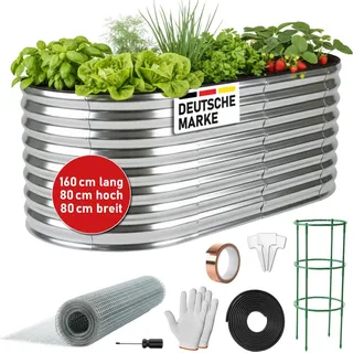 BRAST Hochbeet Metall Julia Mini | 160x80x80cm Silber | extra viel Zubehör | Stahl rostfrei & verzinkt | wetterfest ovale Form | für Gemüse Obst Kräuter & Blumen - Silber