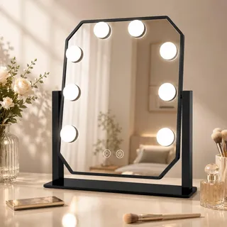 WITFAMILY Schminkspiegel mit Beleuchtung Hollywood Spiegel, 25×30CM LED Schminktisch Kosmetikspiegel Mit Licht, Make Up Vanity Mirror with Light 360°Drehung Klein Tischspiegel 3 Modi Touch Dimmbar