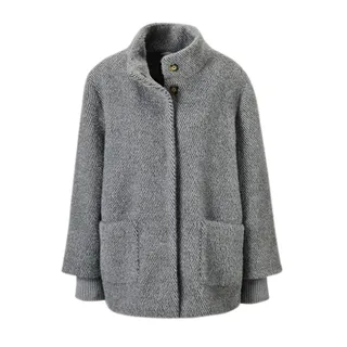 Kurzjacke GOLDNER "Flauschiger Kurzmantel mit Stehkragen", Damen, Gr. 38, grau, Obermaterial: 65% Polyamid PA. 35% Polyester PES., Modisch, Rippe, Jacken Kurzjacke, mit Strickbündchem am Armsaum
