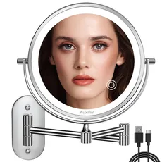 Auxmir Wiederaufladbar Kosmetikspiegel mit LED Beleuchtung, 1X/ 10X Vergrößerung Badspiegel Wandmontage, Dimmbar Schminkspiegel mit 3 Lichtfarben Touchscreen, 360° Drehbar Rasierspiegel für Badezimmer