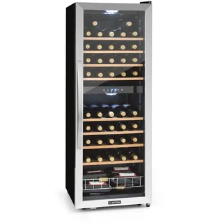 Klarstein Weinkühlschrank, 2 Zonen Getränkekühlschrank Schmal, Outdoor-Kühlschrank mit Glastür, Flaschenkühlschrank Klein mit UV-Schutz, Weinschrank für Getränke, Leiser Weinkühler 5-18°C, 54 Flaschen