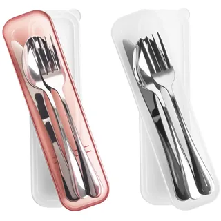Mnsconkl Camping Geschirr Set 2 Personen,Besteck Set,Edelstahl Reisebesteck mit Etui - Löffel Gabel Messer,Campingbesteck für Reise,Outdoor, Picknick,Arbeit,Schule,Spülmaschinenfest(Rot Weiß)