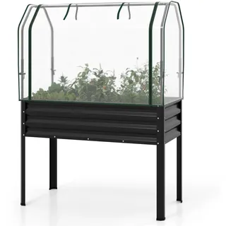 FANTASK 3 in 1 Pflanzkasten mit PE-Abdeckung, 112 x 55 x 152 cm, erhöhtes Hochbeet mit rollbarer Tür, Gartenbeet aus verzinktem Metall, Pflanzbeet, Kräuterbeet für Garten Balkon Terrasse (Schwarz)