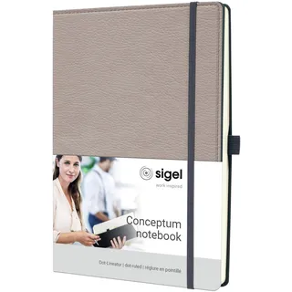 Sigel CO692 Notizbuch A4 dotted, Leder-Look beige, Hardcover, 194 Seiten, nachhaltiges Papier, Inhaltsverzeichnis Stiftschlaufe Falttasche Gummibandverschluss, Conceptum